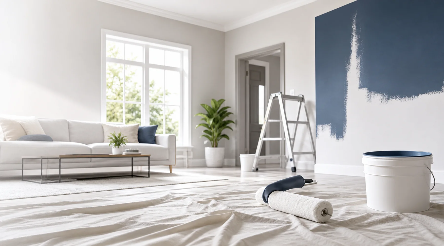 Freshly prepared living room with painting roller, ladder, and paint bucket
