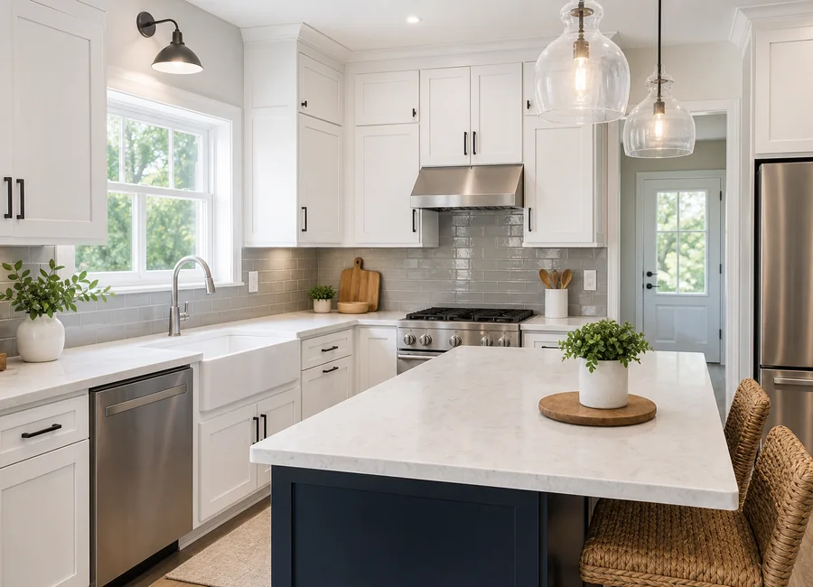 Renovated clean kitchen with bright cabinets and countertops