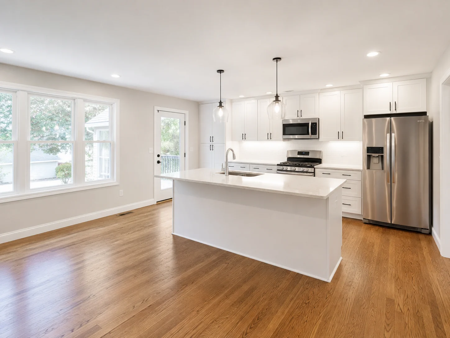 Bright renovated kitchen with white cabinetry, an island, and hardwood flooring